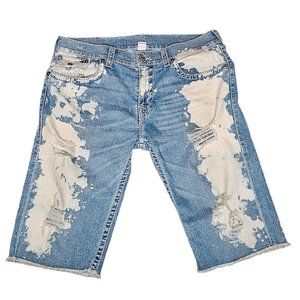 True Religion Cut Off Blue Jean Denim Shorts Straight Flap Mens Size 36 Bleached
